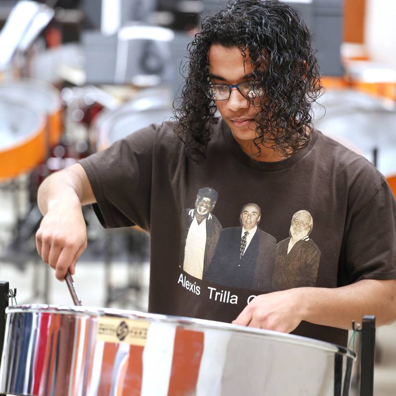 Jaden Teague-Núñez, 16, a sophomore at DeKalb High School, with the steelpan Monday, March 18, 2024, in the band room at the school. Teague-Núñez won first place in the Chicago Symphony Orchestra’s Young Artists Competition and will appear as a soloist in a CSO youth concert during the 2024-25 season.