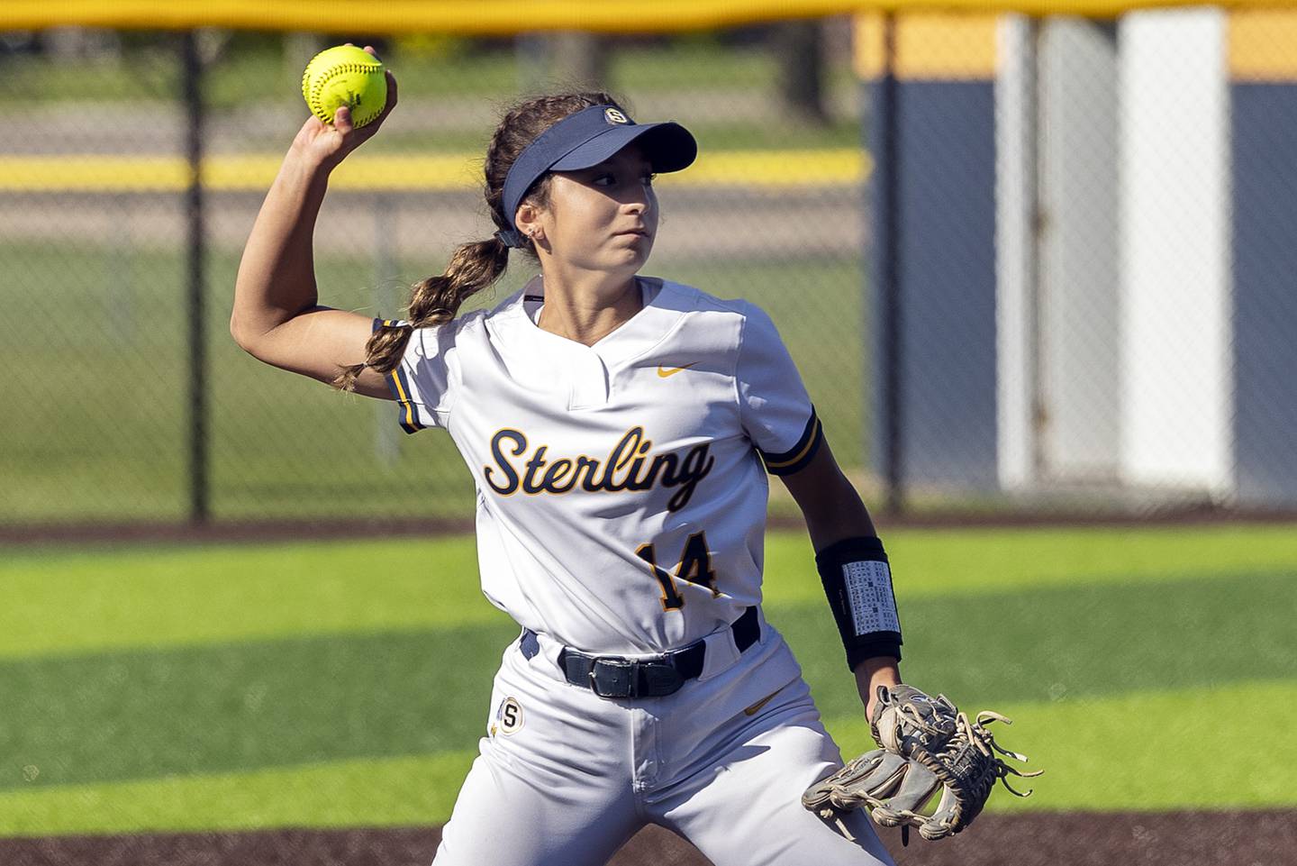 Sterling’s Rosie Cantu fires to first for an out against Alleman Thursday, May 8, 2025.