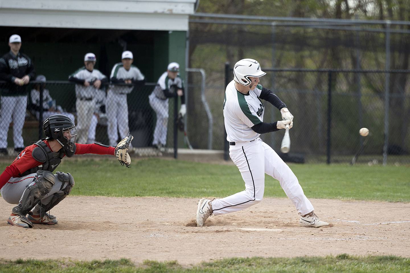 Rock Falls’ Tim Heald drives in the first run for the Rockets against Oregon Tuesday, May 2, 2023.