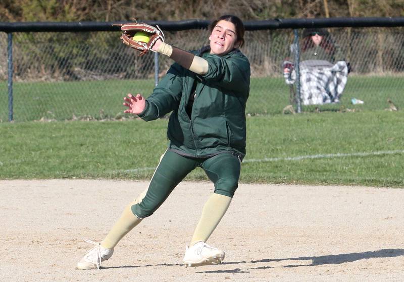 St. Bede's Lily Bosnich catches a line drive against Woodland/Flanagan/Cornell on Tuesday, April 8, 2025 at Woodland High School.