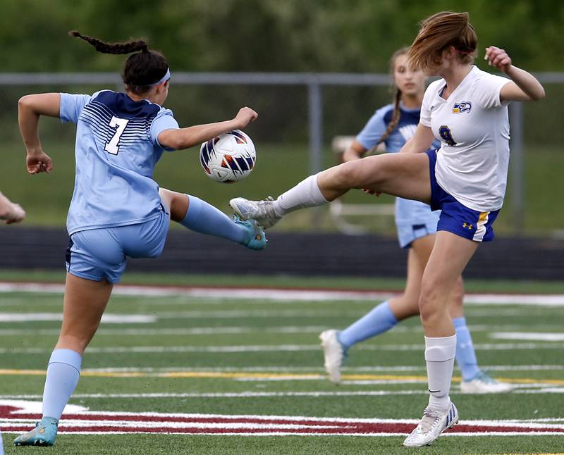 Willows’ Erin Mongoven and Johnsburg's Wynne Oeffling try to get procession of he ball during a IHSA Division 1 Richmond-Burton Sectional semifinal soccer match Tuesday, May 16, 2023, at Richmond-Burton High School.