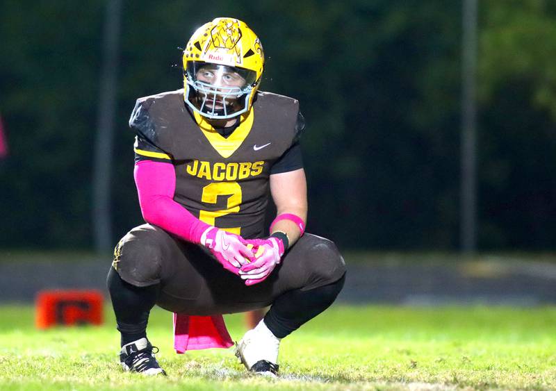 Jacobs’ Caden DuMelle pauses a moment after scoring a touchdown against Dundee-Crown in varsity football  at Jacobs High School in Algonquin on Friday, Oct. 10, 2025.