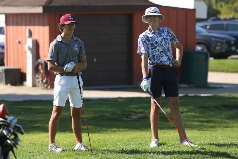 Wheaton Academy’s Owen Coniaris and Lemont’s Joey Scott talk before starting the Class 2A Lemont Golf Sectional at Wedgewood Golf Course in Plainfield on Monday, Oct. 2, 2023.