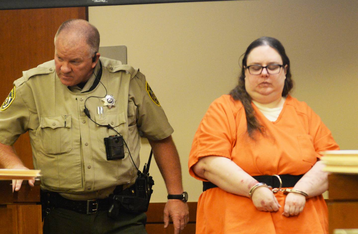 Sarah Safranek, 38, is escorted into a courtroom by a sheriff's deputy at the Ogle County Judicial Center on Wednesday, Sept. 17, 2025. She is accused of suffocating her 7-year-old son, Nathaniel Burton, in 2021. She has been held in the Ogle County Jail as since her arrest.