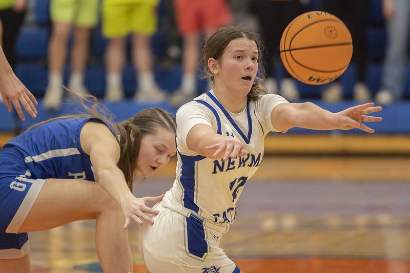 Newman’s Lucy Oetting makes a pass against Galena Tuesday, Feb. 24, 2026, in the Class 1A sectional at Eastland High School.