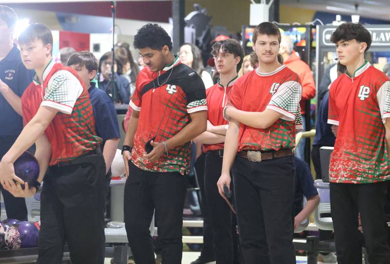 Members of the Ottawa L-P bowling team watch a teammate bowl on Friday, Jan. 16, 2026 at the Illinois Valley Super Bowl in Peru.