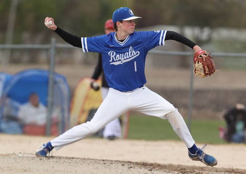 Hinckley-Big Rock's Max Hintzsche fires a pitch during their game Monday, May 1, 2023, at Indian Creek High School in Shabbona.