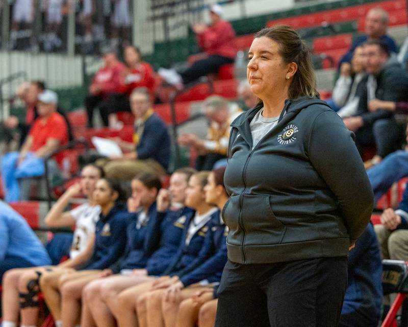 Sterling's Head Coach Taylor Jackson watches on during Regional Championship game on Thursday, Feb. 19, 2026 in Sellett Gymnasium at L-P High School.