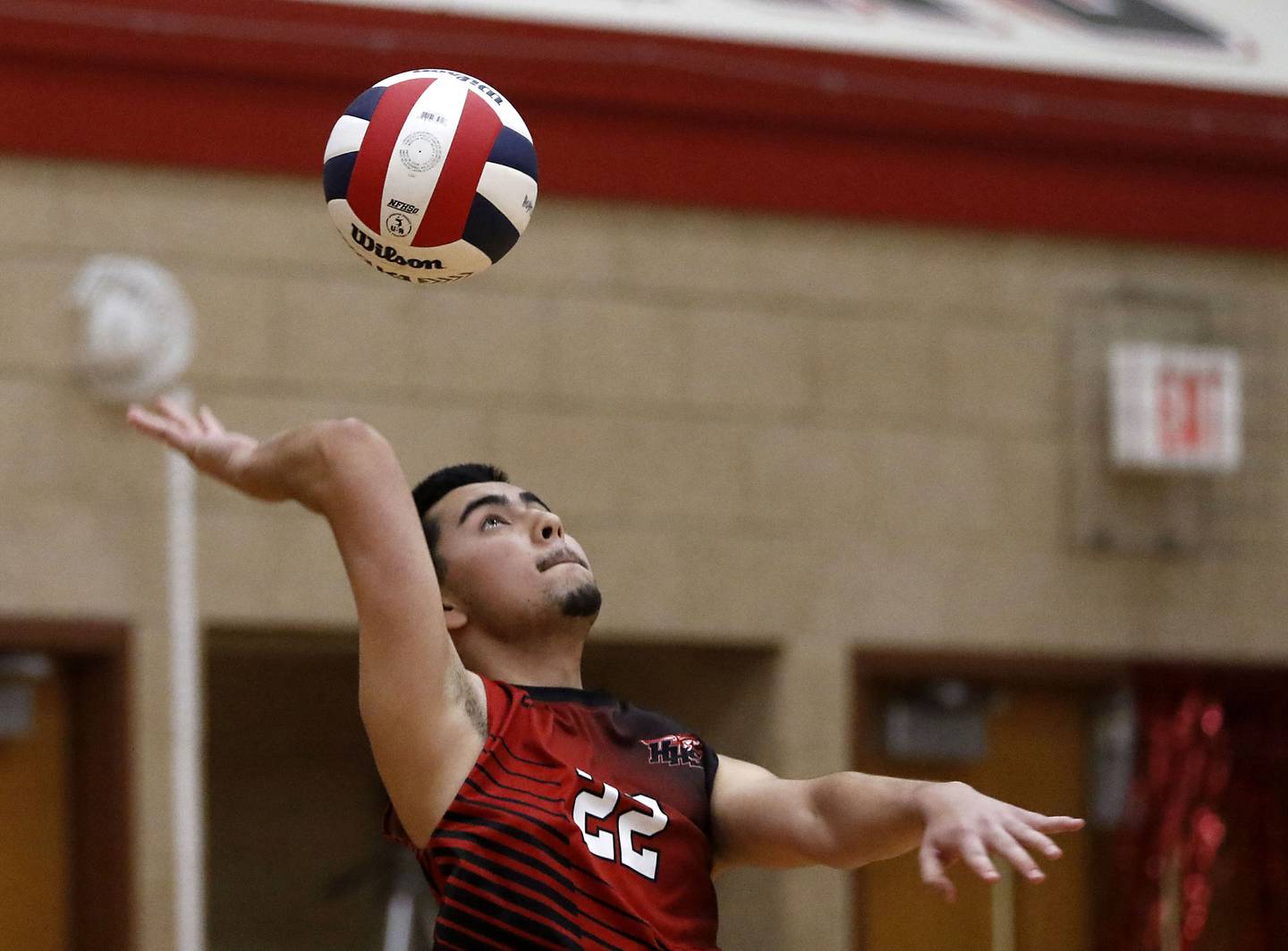 Huntley’s Bilal Khan serves tihe ball during a nonconference boys volleyball match against Grant on Thursday, May 21, 2026, at Huntley High School.