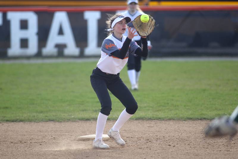 Wheaton Warrenville South’s Leah Adamek makes a catch at second during a home game against St. Charles North on Thursday, April 14, 2022.