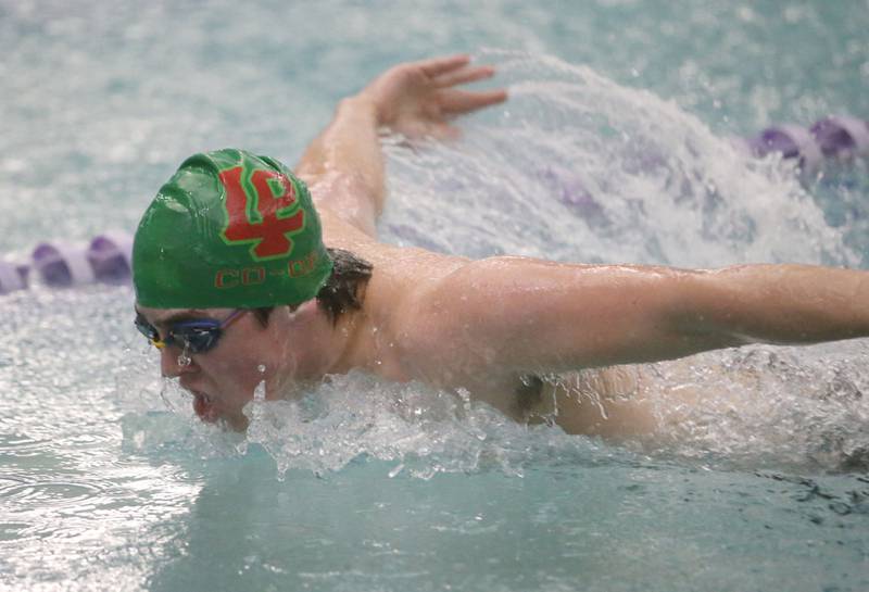 L-P Co-op swimmer Bo Weitl competes in the 200 meter individual medley event during a triangular meet against Morrison and Olympia on Wednesday, Jan. 22, 2025 at the Illinois Valley YMCA in Peru.