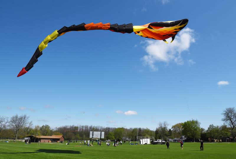 Jake Peters of the Kite Guy, a Wisconsin-based business, and assistants get a nearly 100-foot long Manta Ray kite airborne during the Go Fly a Kite event at Graf Park on Saturday, May 3, 2025 in Wheaton.