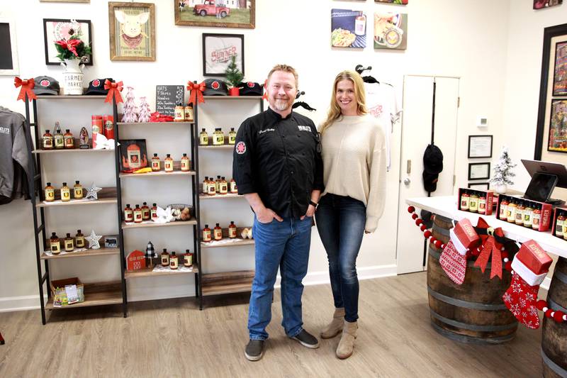 Chef David Heatley and Melissa Gawecki, sales manager, at Chef Heatley's Hot Pepper Farm in Sandwich where they specialize in creating artisan hot sauces.