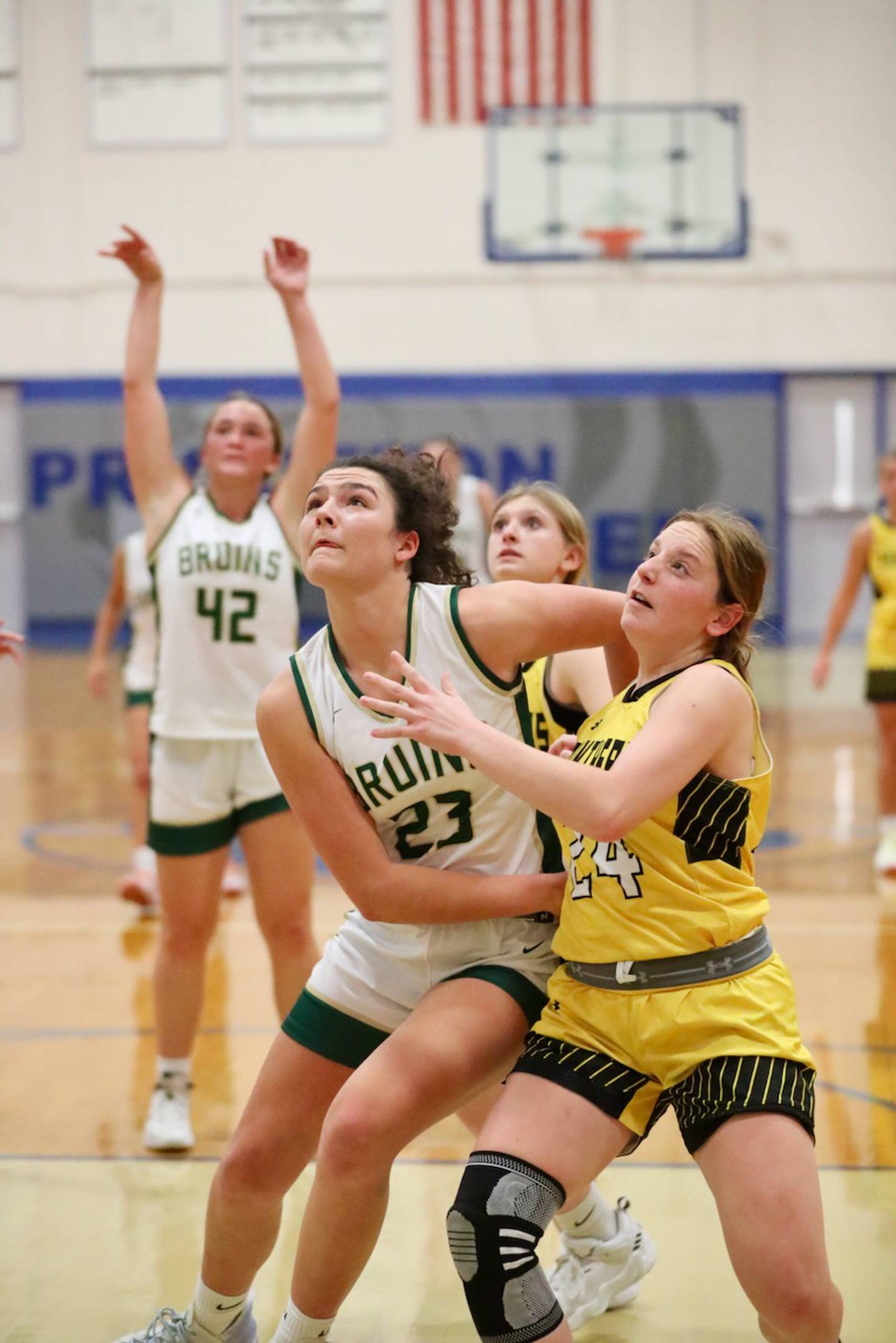 St. Bede's Aii Bosnich and Putnam County's Gracie Cuicci battle for a rebound Thursday night.