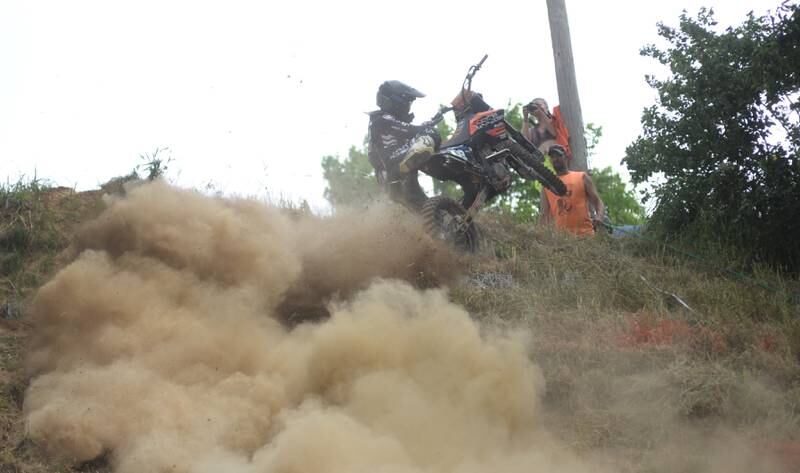 Adam Kieler clears the hill before the rain started at the Rock River Riders Motorcycle Club’s Father’s Day Hillclimb on Sunday, June 16, 2024.