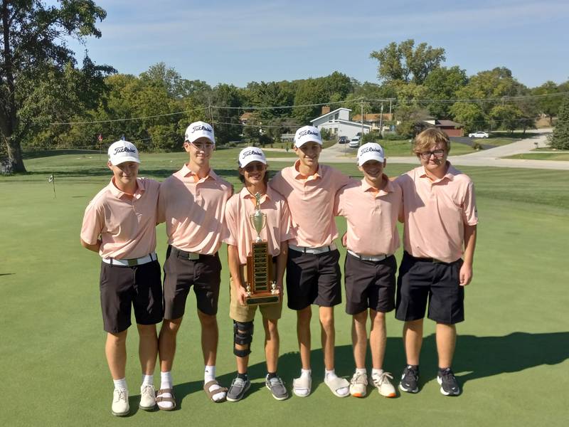 Beecher's boys golf team poses with their trophy after winning the River Valley Conference Tournament at Lincolnshire Country Club on Sept. 16, 2025.