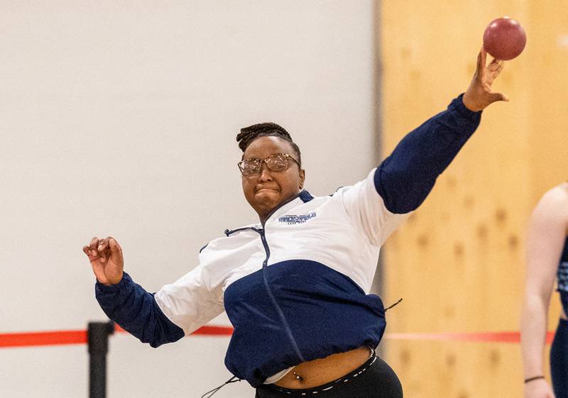 Lake Park’s Alexis Bailey participates in the shot put event during the Girls Track and Field DuKane Conference Meet at Batavia High School on Saturday, March 22, 2025.