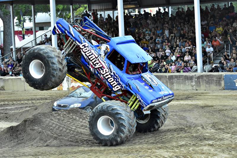 Country Strong driver Eric Howle showed off his skills Thursday, Aug. 14, 2025, in Morrison with a front wheelie at the Whiteside County Fair.
