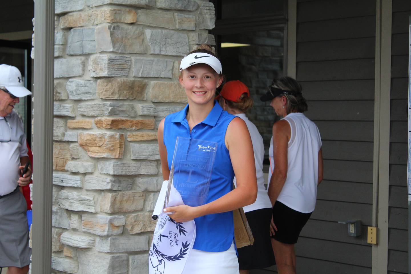Katie Drew of Timber Creek Golf Course in Dixon poses with her championship award Saturday, July 8, 2023, at the Women’s Lincoln Highway tournament at Lake Carroll Golf Course in Lanark. Drew’s +31 was one better than teammate Mandy Hinkey and Kishwaukee’s Kim Kester, who beat Hinkey in a playoff for second place.