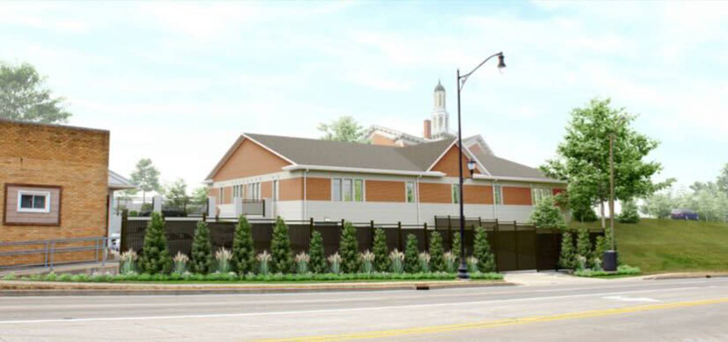 Illustration of the Kendall County government office building to be constructed between the existing county office building and the Historic Courthouse just west of Bridge Street (Route 47) in downtown Yorkville. This view is looking west, from Bridge Street. (Illustration provided by Cordogan Clark & Associates)