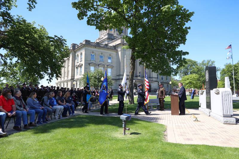 The Kankakee County Area Honor Guard presents the colors at the start of the Kankakee County Law Enforcement Memorial on Thursday, May 14, 2026, at the Kankakee County Courthouse.