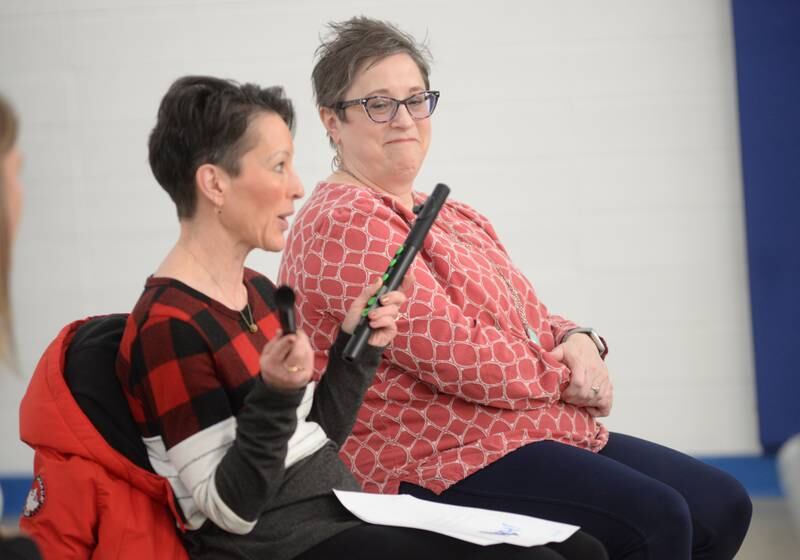 Amy Schwamberger of Amboy Elementary School talks about the pre-band instruments she will be purchasing for young musicians in her school after receiving one of the The Maggie & Amos Foundation grants on Thursday, Feb. 15, 2024 at the Chana Education Center. Also pictured is Debra Cleary of Amboy High School, another grant recipient. Maggie was a teacher at the school when she and her son, Amos, suddenly died in 2019. The Foundation was formed to honor Maggie and Amos while helping area educators and their students.