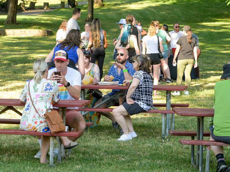 Inaugural Pickle Paradise attendees enjoy food and drinks at the event in Pottawatomie Park in St. Charles on Friday, June 21, 2024.
