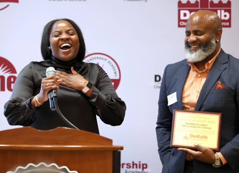 Tiffany Tucker and LaBrian Carrington from Building Leaders Advocating for Change accept the award for 2023 Nonprofit Organization of the year Thursday, Feb. 8, 2024, during the DeKalb Chamber of Commerce’s Annual Celebration Dinner in the Barsema Alumni and Visitors Center at Northern Illinois University.