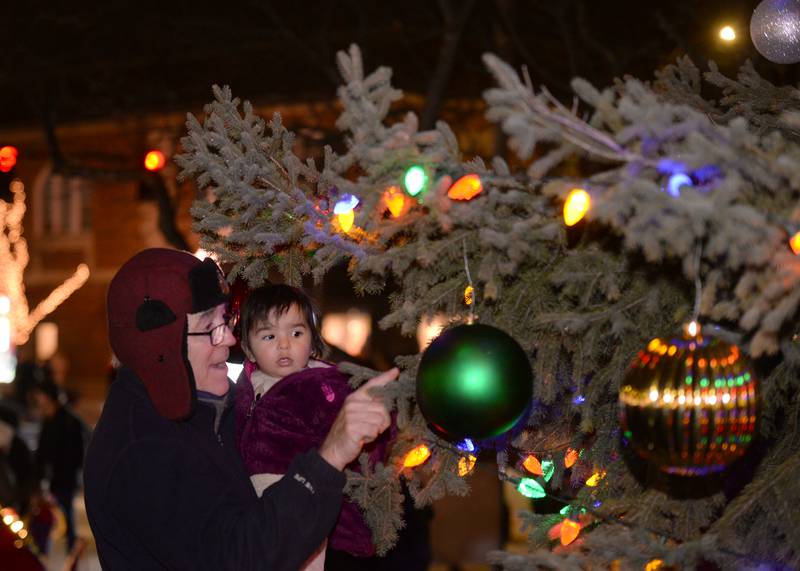 Jim Martin of Western Springs shows his granddaughter Vivenne Martin of Brookfield the Christmas tree lights outside of the LaGranve Village Hall during the Holiday Walk Saturday, Dec. 2, 2023.