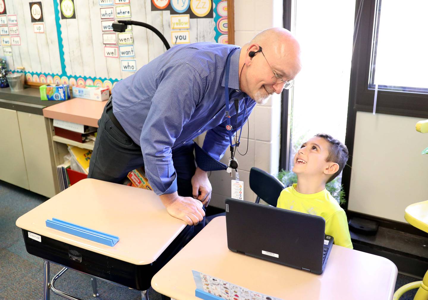 Principal Ron Zeman chats with kindergartner Anthony Rosignal. Zeman will be retiring June 30 from Western Avenue Elementary School in Geneva. He has been in education for 33 years, 23 of them as an administrator, 8 as teacher, 5 as special ed coop consultant.