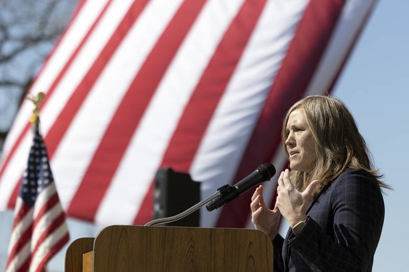 Illinois Department of Transportation Secretary Gia Biagi speaks Tuesday, April 8, 2025, to celebrate the start of Project Rock in Dixon. The project is building a pedestrian bridge over the Rock River and adding paths and improvements to Page Park.