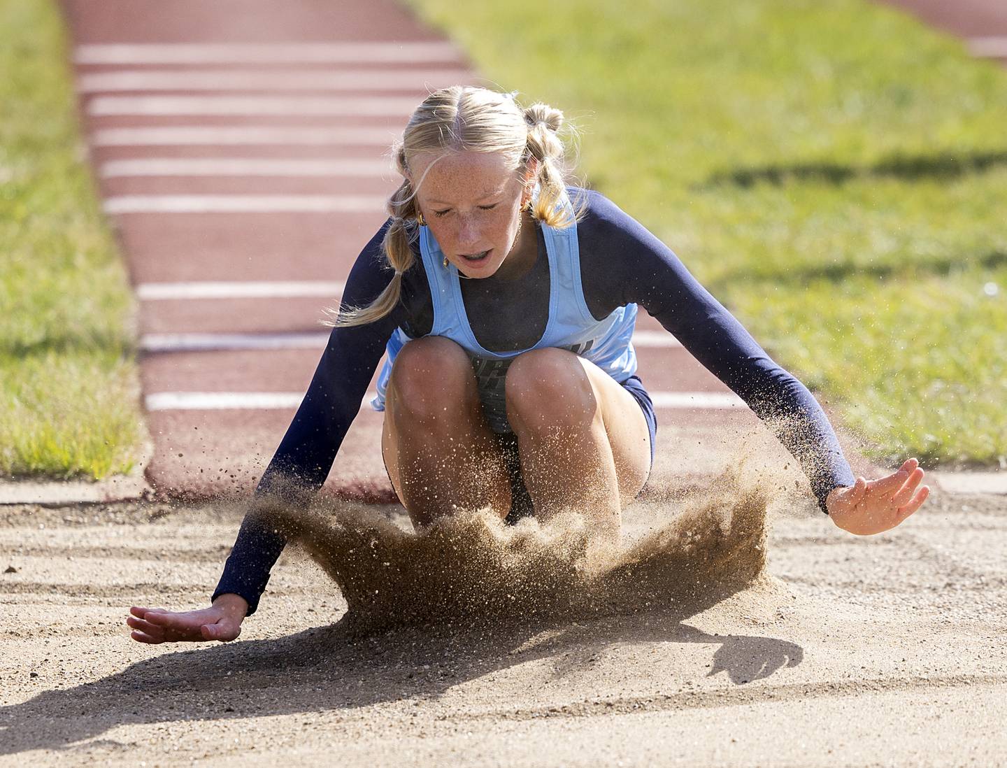 Bureau Valley’s Madisyn Shipp lands her jump in the triple jump Wednesday, May 13, 2026, during the Class 1A Erie Sectional meet.
