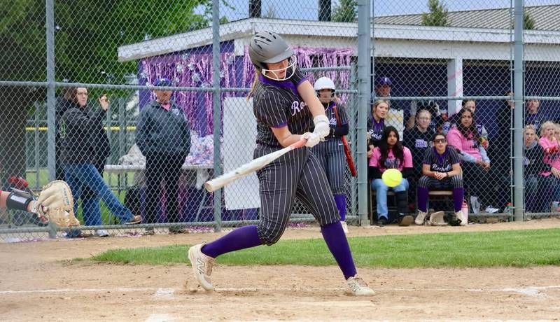 Rochelle's Madigan Williams hits a pitch during a game with Forreston. Williams was 3 for 3 with a double and scored twice in the win.