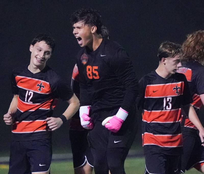 St. Charles East's Jordan Rolon (85) reacts after a goal against West Chicago during a class 3A sectional semifinal soccer match at West Chicago High School on Wednesday, Oct. 25, 2023.