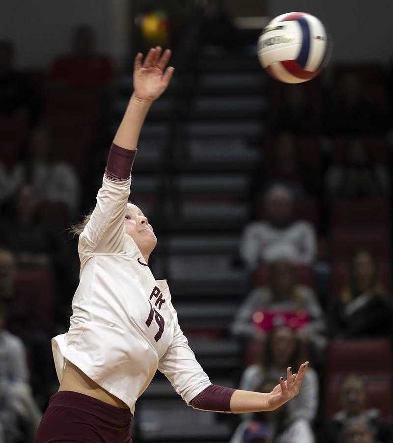 Prairie Ridge's Tegan Vrbancic makes a shot against DePaul College Prep Saturday, Nov. 16, 2024, in the Class 3A third place state volleyball match at CEFCU Arena in Normal.