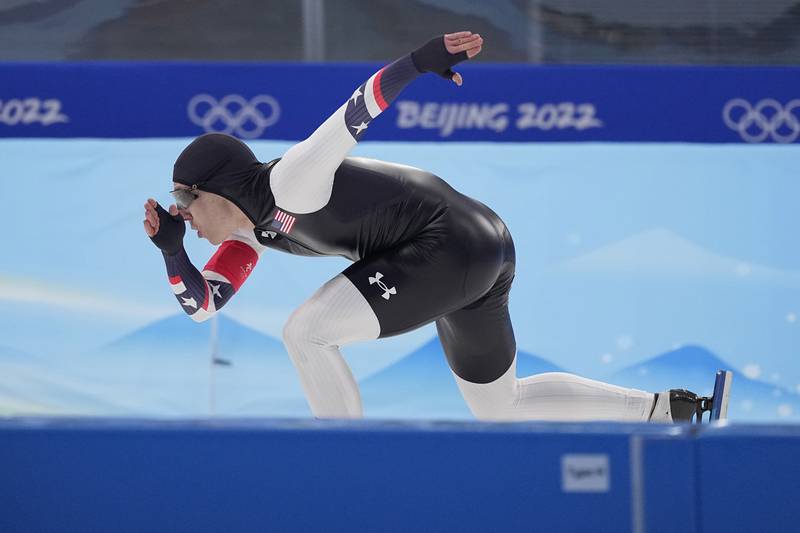 Austin Kleba of the United States competes in the men's speedskating 500-meter race at the 2022 Winter Olympics, Saturday, Feb. 12, 2022, in Beijing. (AP Photo/Sue Ogrocki)