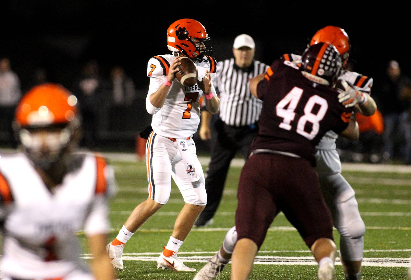 Wheaton Warrenville South quarterback Matt Sommerdyke looks to pass the ball during a Class 7A first-round playoff game against Brother Rice in Chicago on Saturday, Oct. 30, 2021.