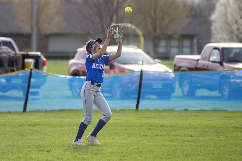 Newman’s Maddy Duhon hauls in a fly ball in center against St. Bede Wednesday, May 4, 2022.