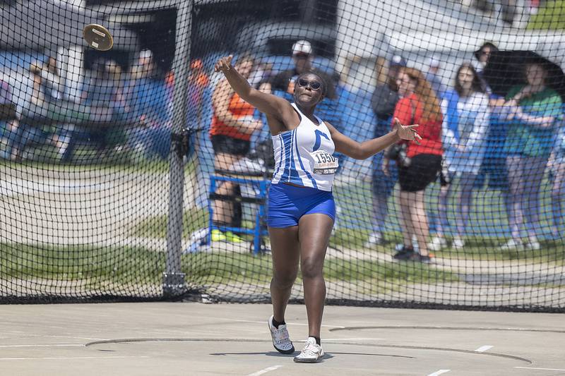 Burlington Central’s Tiana Foreman throws the discus in the 2A event Saturday, May 20, 2023 during the IHSA state track and field finals at Eastern Illinois University in Charleston.