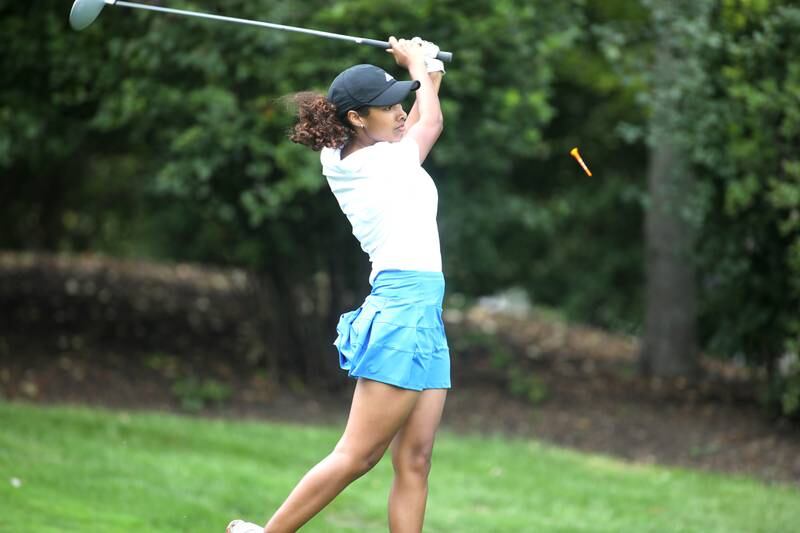 St. Charles North’s Jakelyn Laycock tees off during the Class 2A Glenbard North Regional girls golf meet at Bloomingdale Golf Club on Thursday, Sept. 28, 2023.
