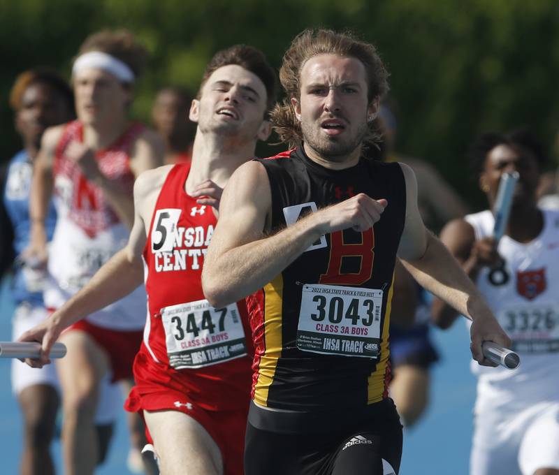 Batavia’s Jonah Fallon races to the finish line in front of Hinsdale Central’s Daniel Watche as they compete in the 4 x 400 meter relay during the IHSA Class1A State Track and Field Championships Saturday, May 28, 2022, at Eastern Illinois University in Charleston.