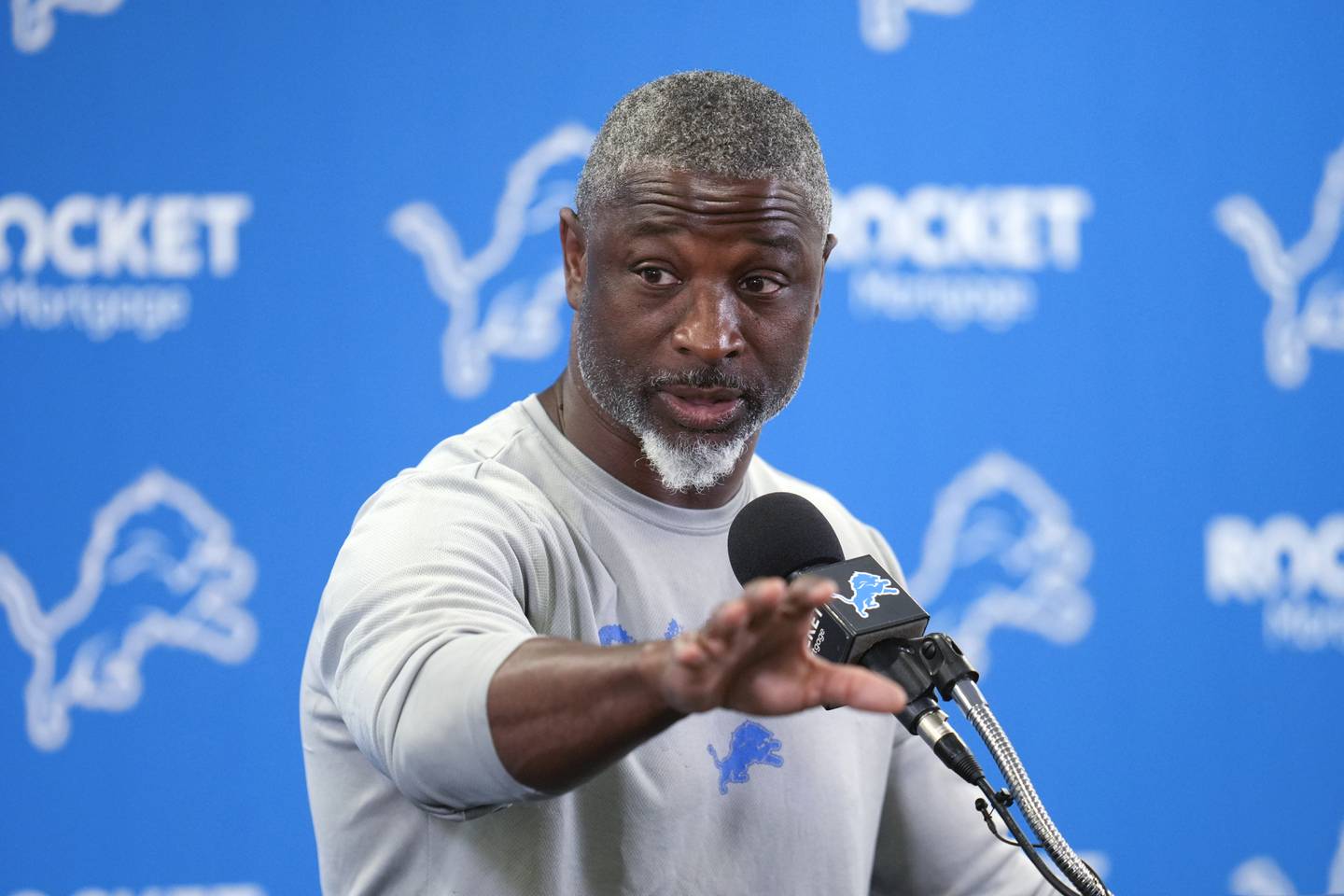 Detroit Lions defensive coordinator Aaron Glenn speaks before an NFL football practice in Allen Park, Mich., Thursday, May 23, 2024. (AP Photo/Paul Sancya)