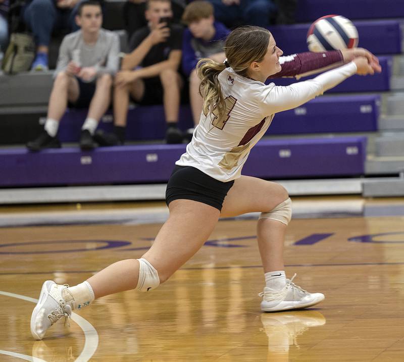 Morris’ Alyssa Jepson is late on a hard hit ball against Sterling Tuesday, Oct. 29, 2024, at the class 3A regional semifinal in Dixon.