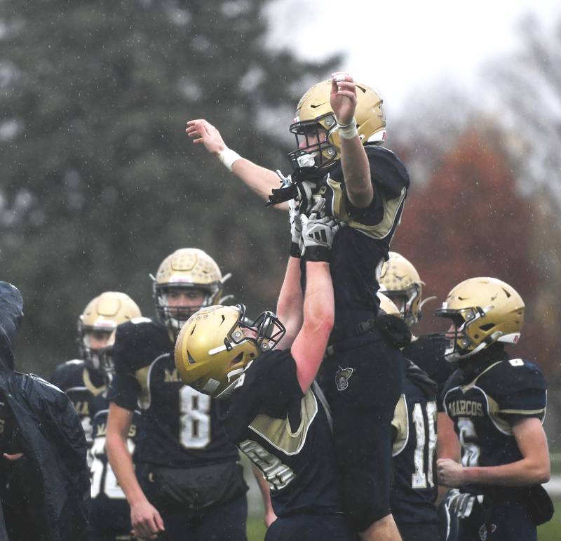 The Marcos celebrate after beating St. Anne in I8FA playoff action on Saturday, Nov. 8, 2025 at Polo High School.