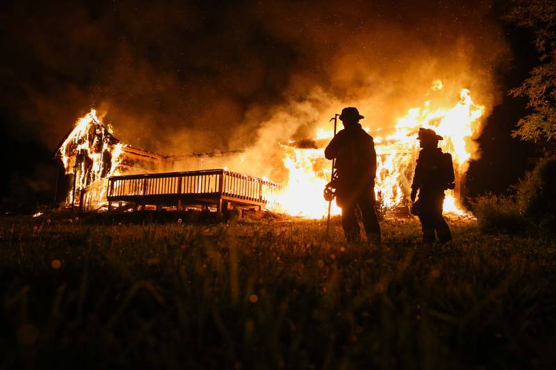 An unoccupied home near McHenry is completely destroyed from a fire in the early morning hours of Tuesday, the Nunda Rural Fire Protection District reports.