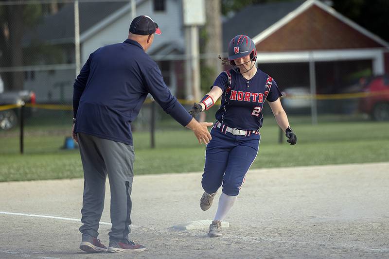 Belvidere North’s Isabelle Schadle rounds third after hitting a homer against Dixon Tuesday, May 27, 2025, during a Class 3A Regional softball game in Dixon.