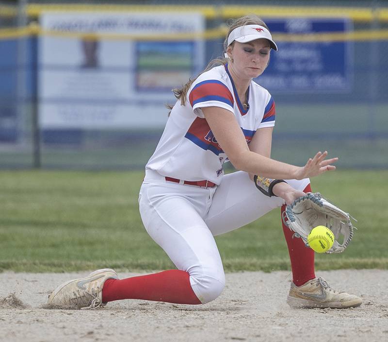 Morrison’s Elle Milnes snags a grounder at shortstop against West Carroll Tuesday, May 19, 2026, at the Class 1A softball regionals at Newman.