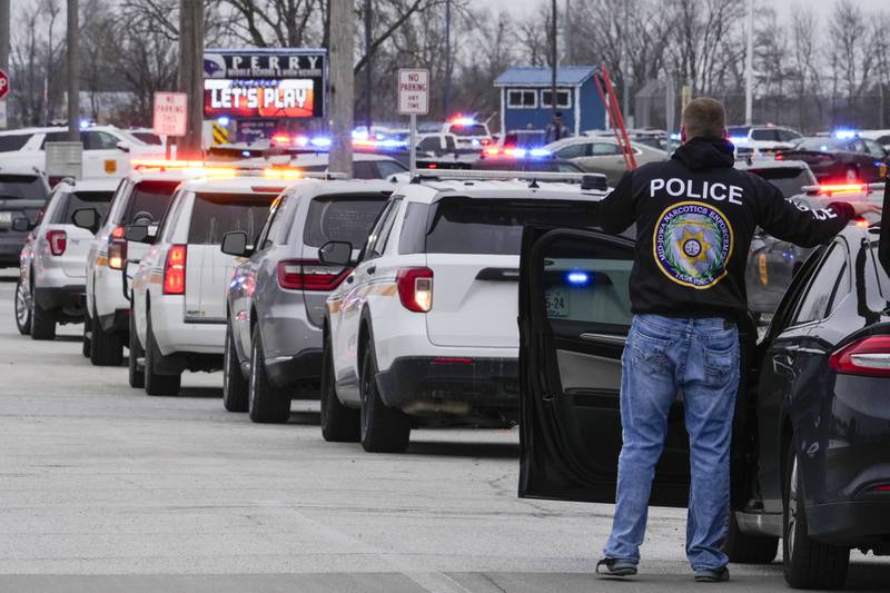 Police respond to Perry High School in Perry, Iowa., Thursday, Jan. 4, 2024. Police say there has been a shooting at the city's high school.