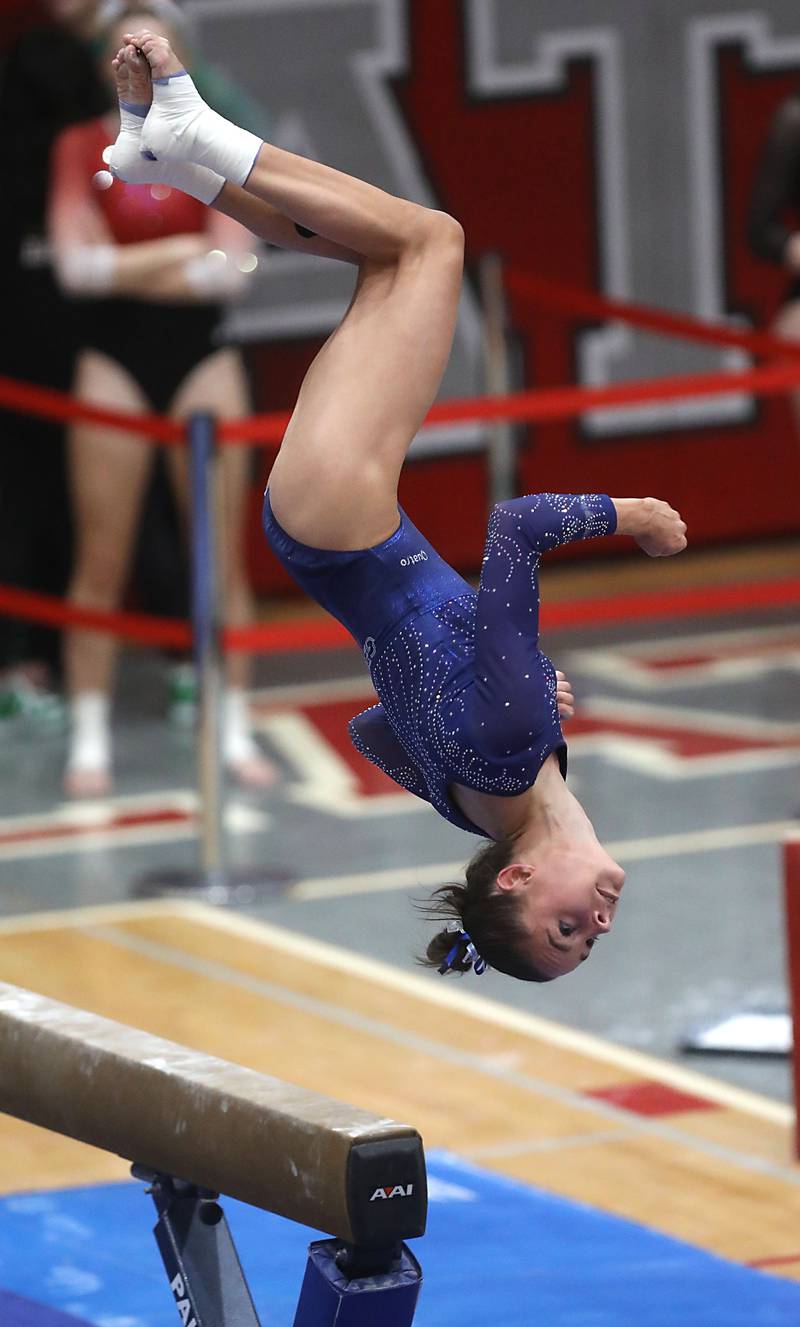 Geneva’s Reese Lackey competes in the preliminary round of the x on Friday, Feb. 20, 2026, during the IHSA Girls State Final Gymnastics Meet at Palatine High School.