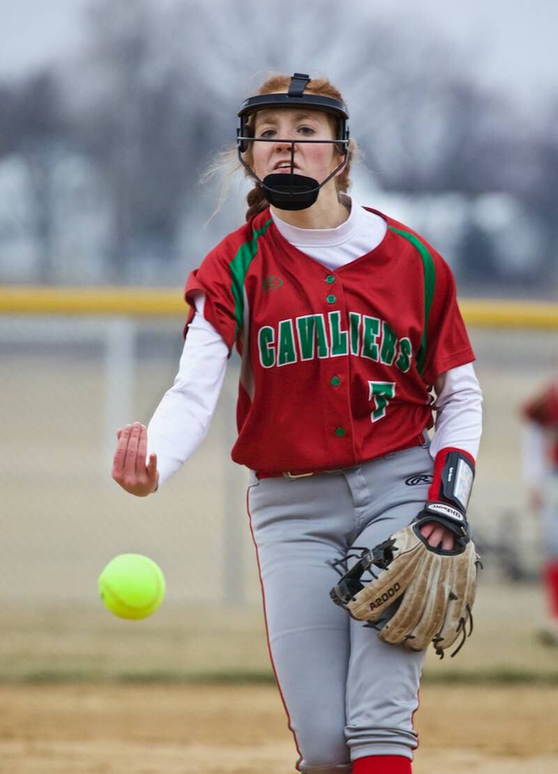 L-P's Chloe Mitchell fires a pitch in Tuesday's game at Princeton. She was backed by eight runs in the seventh inning as the Cavs posted a 15-8 victory.